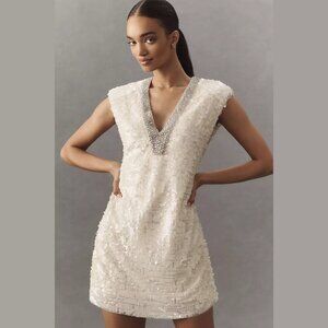 NEW BHLDN Size L Sleeveless Embellished Plunge Sequin Mini Dress - Ivory